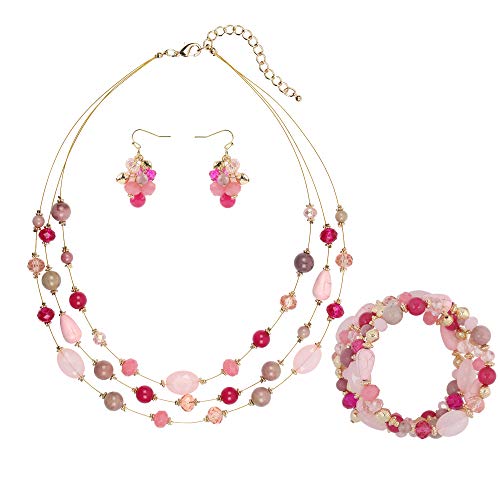 Coiris 3 Layers Illusion Wire Beaded Statement 19.5" Necklace for Women - color: ST0001-Pink Mix