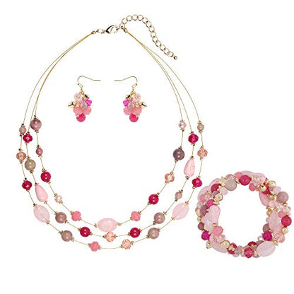 Coiris 3 Layers Illusion Wire Beaded Statement 19.5" Necklace for Women - color: ST0001-Pink Mix