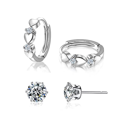 CiNily 14K White Gold Plated Small Hoop Earrings for Women Girls Heart Cubic Zirconia Hypoallergenic Earrings - color: Studs set-silver-white