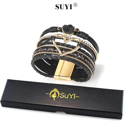 Suyi Multilayer Leather Wrap Bracelet Heart-Shape Wide Bracelets for Women - color: Black