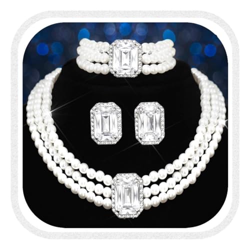Brishow Pearl Necklace Jewelry Set Wedding Pearls Earrings Necklaces Set Bridal Crystal Bracelet Jewelry for Women (Pack of 3) - color: Silver, size: 3 Layered