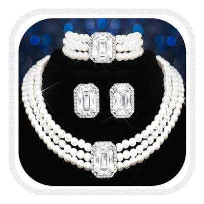 Brishow Pearl Necklace Jewelry Set Wedding Pearls Earrings Necklaces Set Bridal Crystal Bracelet Jewelry for Women (Pack of 3) - color: Silver, size: 3 Layered