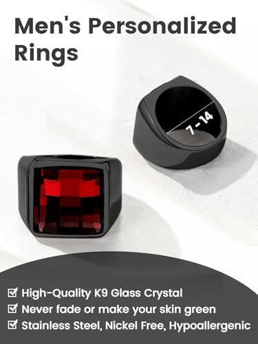 KeyStyle Square Gemstone Signet Rings for Men, Personalized Stainless Steel Pinky Ring with Black Onxy Blue Topaz Birthstone Statement Ring - color: Black - Custom Stone - 15mm