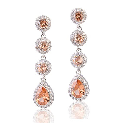 Women's Cubic Zirconia Bridal Earrings - Elegant Long Wedding Party Prom Earring for Bride Bridesmaids Crystal CZ Rhinestone Chandelier Statement Dangle Drop Earrings for girls - color: Champagne-silver