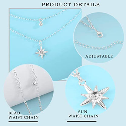 Waist Chain Silver Beads Belly Chain Gold silver Women Dainty Body Jewelry Accessories - color: silver sun - 36 + 10 in
