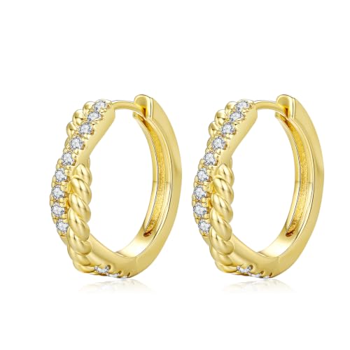 14K Gold Hoop Earrings for Women Thick Large Earrings Lightweight | Gold Plated Huggie Earrings for Women Hypoallergenic (with Gift Box) - color: Twisted CZ-20MM