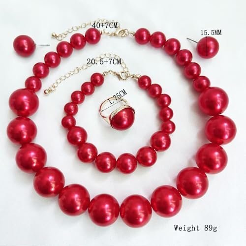 Chunky Beaded Jewelry Set, Necklace Earrings Bracelet Ring for Women Party | Simulated pearl jewelry set, necklace earrings bracelet & ring. Elegant chunky beaded, ideal gift for wedding and daily wear. - color: Red