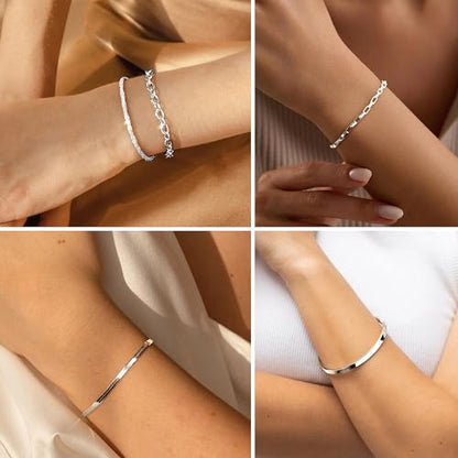 Dainty Gold Bracelet for Women Trendy Non Tarnish, Thin Bracelets Stackable Set with Bangle Cuff, Box, Herringbone, Paperclip, Figaro, Sparkling Link Chains Waterproof, Simple Jewelry Gifts for Women - color: style 02-silver