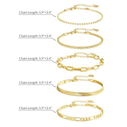 Gold Bracelets Set for Women, Dainty Stackable Layered Bracelet | 14K Gold Plated Adjustable Waterproof Non-Tarnish Paperclip & Curb Link Chain Jewelry Sets Gifts - color: Gold