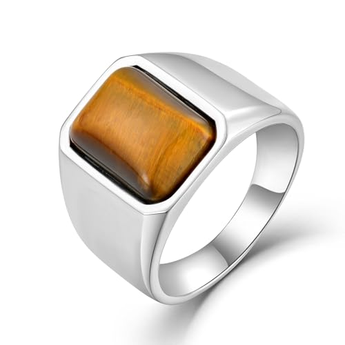 Men's Tiger Eye Square Signet Ring Stainless Steel Thumb Rings with Natural Stone for Men Jewelry Gift for Him, Size 7-12 - color: 01,Silver-tiger eye