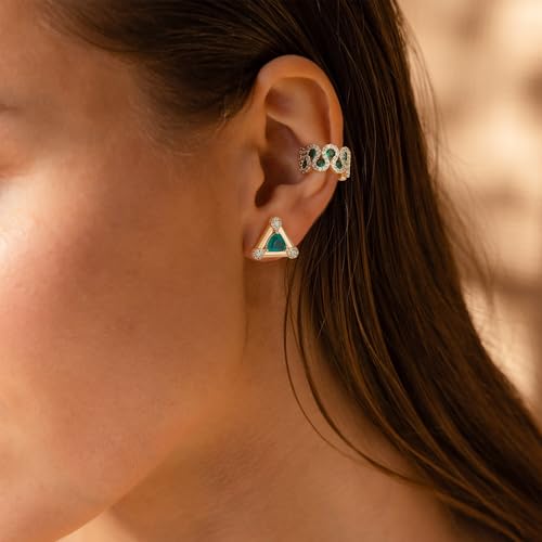 Gold Ear Cuff Earring for Women 14K Gold Plated Cubic Zirconia Non-Pierced Clip on Cartilage Chunky Ear Cuffs Hypoallergenic Jewelry - style: green cz / pair