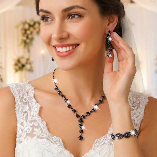 Silver Wedding Jewelry Sets Rhinestone Necklace Earrings Bracelet Set Prom Formal Costume Jewelry for Women and Brides - color: Black