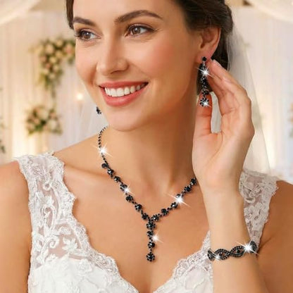 Silver Wedding Jewelry Sets Rhinestone Necklace Earrings Bracelet Set Prom Formal Costume Jewelry for Women and Brides - color: Black