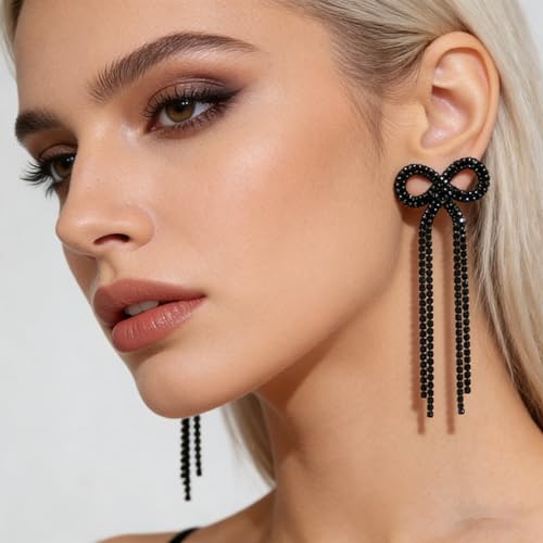 Rhinestone Earrings Dangling for Women Sparkly Silver Dangle Earrings Girls Long Chandelier Earrings Tassel Lightweight Ear Studs Cubic Zirconia (KE001S-W) - color: Bow 516286BK Coating Black
