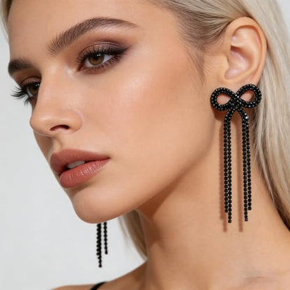 Rhinestone Earrings Dangling for Women Sparkly Silver Dangle Earrings Girls Long Chandelier Earrings Tassel Lightweight Ear Studs Cubic Zirconia (KE001S-W) - color: Bow 516286BK Coating Black