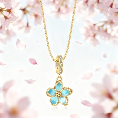 925 Sterling Silver Dainty Necklaces for Women Pendant Jewelry Gift for Her | Hypoallergenic Ocean Animal Love Cherry Blossom Jewelry, Ideal Valentine Birthday Christmas Graduation Gift for Wife Mom - color: Gold-Tone Aqua Cherry Blossom