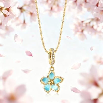 925 Sterling Silver Dainty Necklaces for Women Pendant Jewelry Gift for Her | Hypoallergenic Ocean Animal Love Cherry Blossom Jewelry, Ideal Valentine Birthday Christmas Graduation Gift for Wife Mom - color: Gold-Tone Aqua Cherry Blossom
