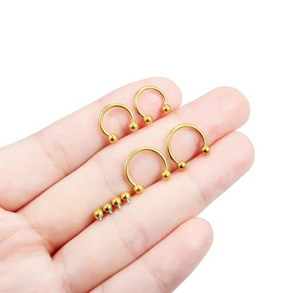 Hoeudjo Internally Threaded Septum Rings 16G Surgical Steel Horseshoe Septum Jewelry Lip Ring 8mm 10mm with Replacement Balls Ball Grabber Tool Smiley Piercing Jewelry for Women Men - color: goldtone