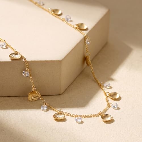 MTMY Gold Choker Necklace for Women, 14K Gold Plated Dainty Cubic Zirconia Cross Heart Shell Teardrop Charm Station Necklaces Trendy Summer Jewelry Gift - style: Shell