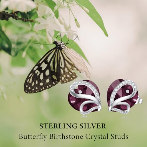 Butterfly Heart Birthstone Crystal Stud Earrings for Women S925 Sterling Silver Heart Birthstone Studs Birthday Gifts for Wife Mother Daughter Girlfriend Mom - color: 02-February
