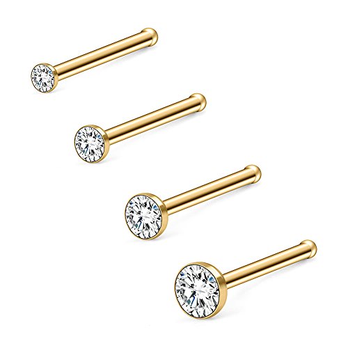 18G Nose Bone Studs Rings Pin Piercing Jewelry 1.5mm-4mm Clear Diamond CZ Ball Flat Heart Opal 4-23PCS - color: 4PCS - Gold