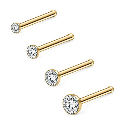 18G Nose Bone Studs Rings Pin Piercing Jewelry 1.5mm-4mm Clear Diamond CZ Ball Flat Heart Opal 4-23PCS - color: 4PCS - Gold
