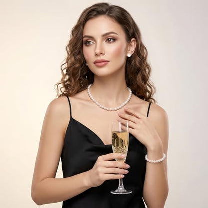 3Pcs White Faux Pearl Jewelry Set for Women – Pearl Necklace Earrings Bracelet Set for Wedding Bridal Birthday Tea Party Gift