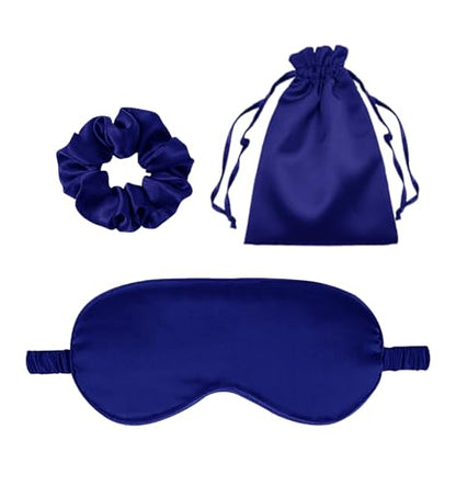 3Pcs Satin Eye Mask Silk Sleep Masks Set Silky Blindfold Eyeshade Blackout Eyes Cover Pouches Bag Scrunchy Wedding Gift - color: Royal Blue