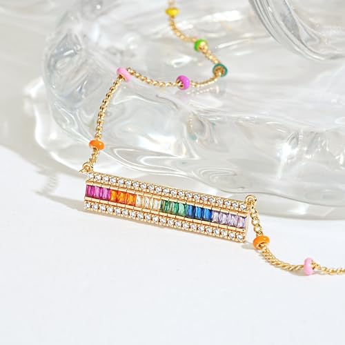 Fettero Dainty 14K Gold Plated Cubic Zirconia Necklaces for Women, Simple Bar Pendant Necklace, Mix-color Rainbow Jewelry Gold Necklace for Women Trendy Gifts - style: Multicolor Bar