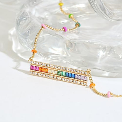 Fettero Dainty 14K Gold Plated Cubic Zirconia Necklaces for Women, Simple Bar Pendant Necklace, Mix-color Rainbow Jewelry Gold Necklace for Women Trendy Gifts - style: Multicolor Bar