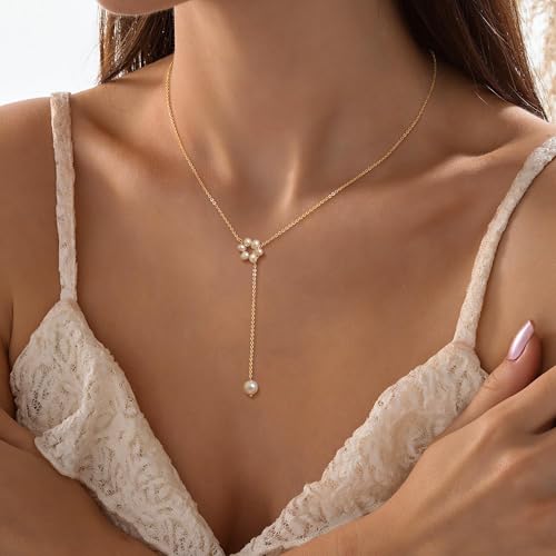 CHESKY Lariat Necklace for Women，14k Gold/Sliver Plated Layered Necklace | Gold/Sliver Long Necklace，Dainty Cross Pendant, Wedding Y-Shaped Drop Chain, Waterproof Jewelry Gift for Women Everyday Wear - style: Ypearl