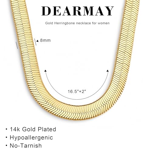 DEARMAY 14K Gold Plated Herringbone Necklaces for Women, Dainty Gold Snake Choker Chain Non Tarnish Trendy Simple Thin & Chunky Options Neckalce 1.5/3/5/6/8mm Chain Jewelry for Gifts - color: 8MM 16"-GD Herringbone Necklace