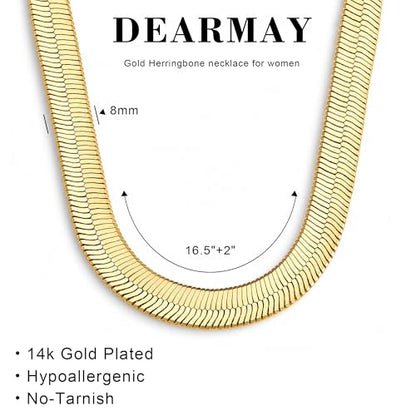 DEARMAY 14K Gold Plated Herringbone Necklaces for Women, Dainty Gold Snake Choker Chain Non Tarnish Trendy Simple Thin & Chunky Options Neckalce 1.5/3/5/6/8mm Chain Jewelry for Gifts - color: 8MM 16"-GD Herringbone Necklace