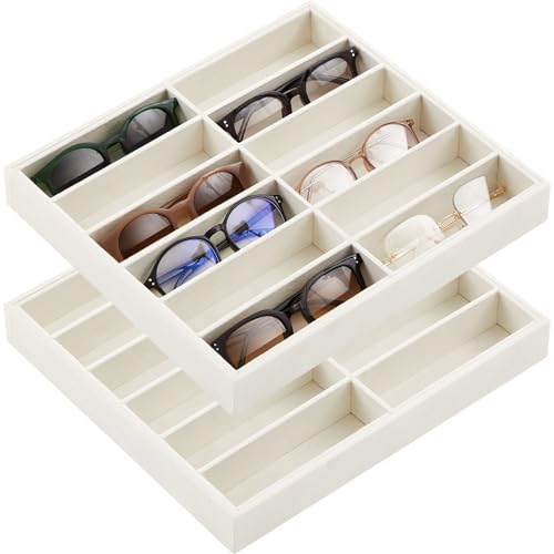 Amylove 2 Pcs Sunglass Organizer Trays Glasses Stackable Jewelry Trays Sunglass Organizer Display Box (12 Grids,Beige) - color: Beige, size: 12 Grids