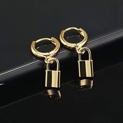 XYJZXY Gold Huggie Small Hoop Earrings with Charm Personalized Snake/Evil Eye/Star/Cross/Lock/Key 18k Gold Plated Crystal Drop Dangle Earrings for Women - style: Lock