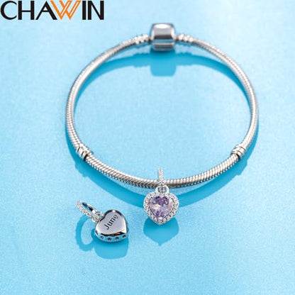 CHAWIN Birthstone Charms, 925 Sterling Silver Heart Dangle Charm, Sparkling CZ Compatible with Pandora Charm Bracelet, Necklace, Birthday Gifts for Women/Wife/Mother - style: 06# June