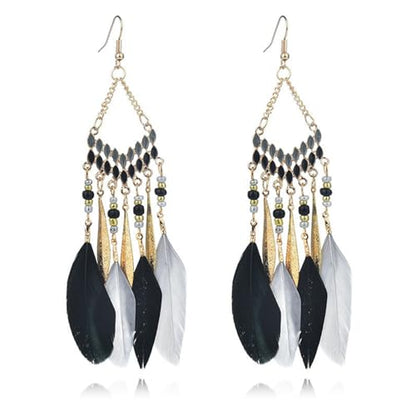 Faux Feather Fringe Tassel Long Dangle Earrings for Women | Bohemian Women Tassel Drop Jewelry - color: black grey