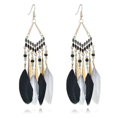 Faux Feather Fringe Tassel Long Dangle Earrings for Women | Bohemian Women Tassel Drop Jewelry - color: black grey