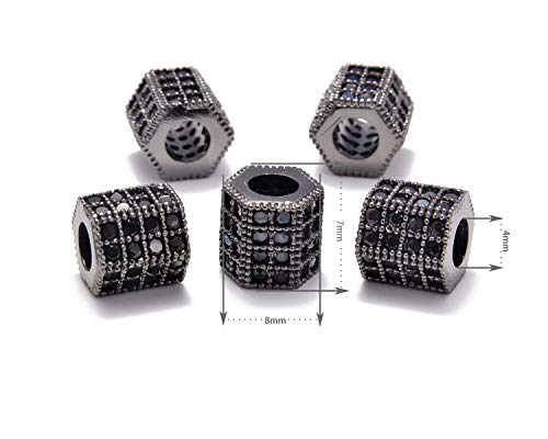 AD Beads Zircon Pave Rhinestones Big Hole Hexagon Spacer Beads 7x8mm 5Pcs Black on Gunmetal - color: 5 Pcs Black on Gunmetal Hexagon (7x8mm)