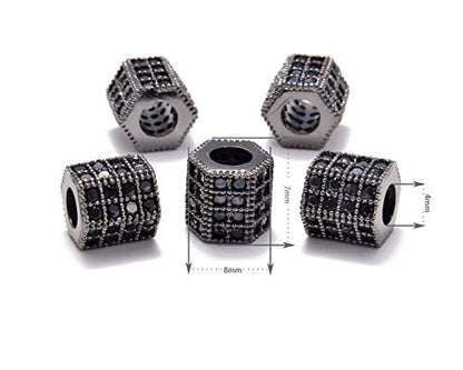 AD Beads Zircon Pave Rhinestones Big Hole Hexagon Spacer Beads 7x8mm 5Pcs Black on Gunmetal - color: 5 Pcs Black on Gunmetal Hexagon (7x8mm)