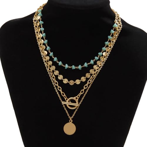HUASAI Boho Necklaces for Women Dainty Layered Choker Necklace Bohemian Turquoise Necklace Statement Jewelry Western Cowgirl Country Concert Outfits Accessories - color: A-Boho Layer