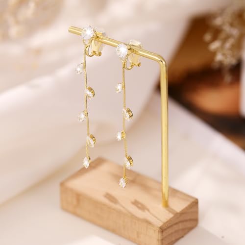Gold/Silver Clip on Earrings Non Pierced for Women - 14K Gold Plated Long Tasse Drop Dangle Clip Earrings - Cubic Zirconia Leaf Earrings for Women Gold Wedding Jewelry Gifts - color: Gold-cz