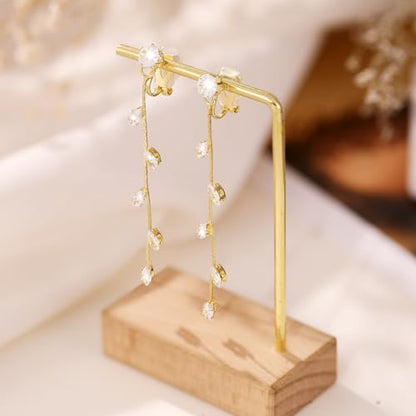 Gold/Silver Clip on Earrings Non Pierced for Women - 14K Gold Plated Long Tasse Drop Dangle Clip Earrings - Cubic Zirconia Leaf Earrings for Women Gold Wedding Jewelry Gifts - color: Gold-cz