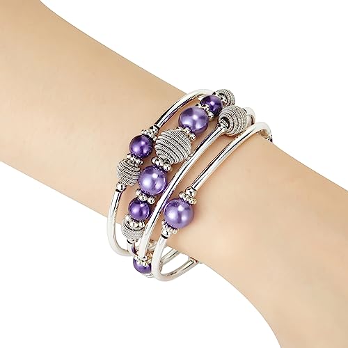 PEARL&CLUB Beaded Chakra Bangle Turquoise Bracelet - Fashion Jewelry Wrap Bracelet with Thick Silver Metal and Mala Beads, Birthday Gifts For Women - color: Purple pearl