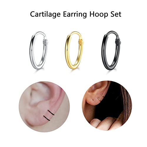 EPIRORA Silver Hoop Earrings- Cartilage Endless Small Hoop Earrings Set for Women Men, 3 Pairs of Hypoallergenic 925 Sterling Silver Tragus Earrings Nose Lip Rings - color: 3 Pairs(8mm*3)-Silver/Gold/Black