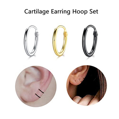 EPIRORA Silver Hoop Earrings- Cartilage Endless Small Hoop Earrings Set for Women Men, 3 Pairs of Hypoallergenic 925 Sterling Silver Tragus Earrings Nose Lip Rings - color: 3 Pairs(8mm*3)-Silver/Gold/Black