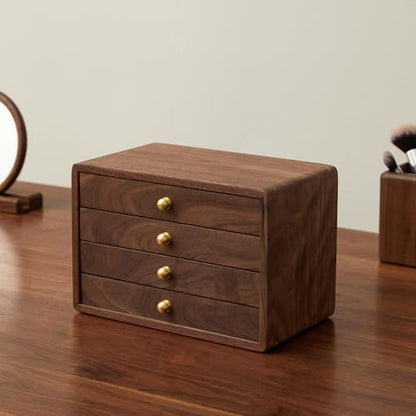 Wooden Jewelry Box for Women Men, Large | Velvet Lined Organizer, 4 Drawers, Solid Black Walnut Brass Handles, For Rings, Necklaces, Earrings - size: 4 drawers