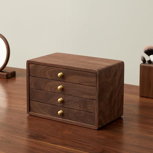 Wooden Jewelry Box for Women Men, Large | Velvet Lined Organizer, 4 Drawers, Solid Black Walnut Brass Handles, For Rings, Necklaces, Earrings - size: 4 drawers