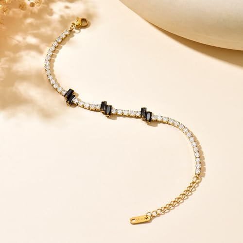 18K Gold Plated Cubic Zirconia Tennis Bracelet for Women Sparkling Stackable Stainless Steel Jewelry Hypoallergenic Tarnish Resistant Bridal Gift - color: Black Baguette CZ-Gold