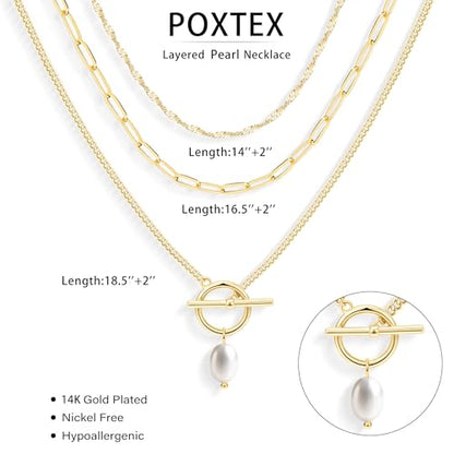 Poxtex Layered Gold Necklaces for Women, Stackable Dainty 14K Gold Silver Plated Trendy Simple Heart Diamond Cross Bow Circle Pendant Paperclip Choker Dot Chain Necklace,Jewelry Set Gifts for Women - color: Gold, style: Pearl1
